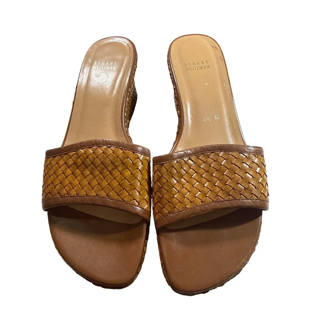 Stuart Weitzman Brown Woven Leather Platform Wedge Sandals Slides Womens 8.5 M